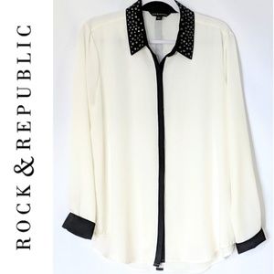 ROCK & REPUBLIC Studded Collar Button Down Blouse Sheer off white Ivory color